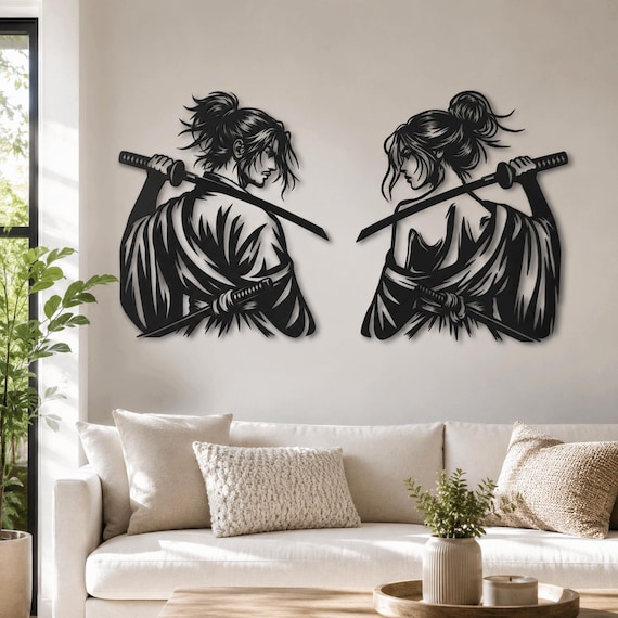 Samurai Woman Metal Wall Art: Japanese Katana Home Decor