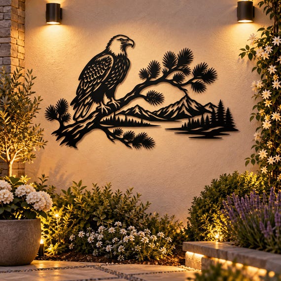 Bald Eagle Metal Wall Art, Mountain and Forest Landscape, Rustic Cabin and Lodge Decor