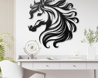 May include: Black metal wall art featuring a stylized horse head with flowing mane. The horse's head is facing left and the mane is flowing to the right. The art is mounted on a white wall.