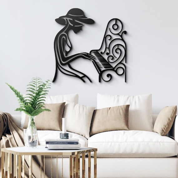 Elegant Metal Wall Art - Woman Playing Piano | Minimalist Black Silhouette | Musician Decor | Unique Home Art