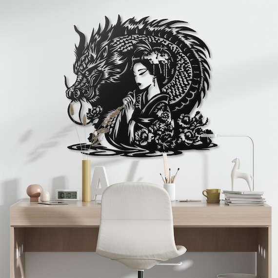 Metal Dragon Wall Art Geisha Wall Decor Game Room Decor Living Room Wall Art Bedroom Decor Dragon Decor Geisha Art Japanese Folklore