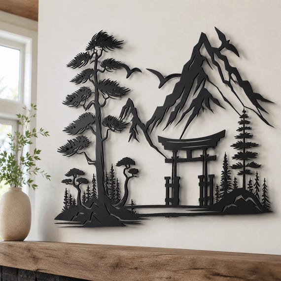 Japanese Torii Gate Mountain Landscape Metal Wall Art  Zen Decor for Home and Office ,