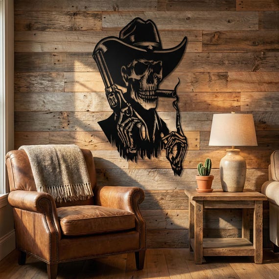 Metal Skeletal Cowboy Wall Art: Gothic Western Outlaw Decor