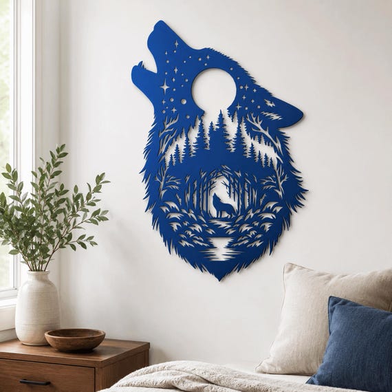 Wolf Howling at Moon Metal Wall Art: Mystic Silhouette Decor ,