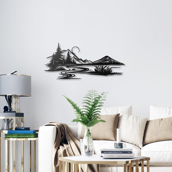 Mountain and River Landscape Metal Wall Art - Serene Nature Design - Elegant Home Decor