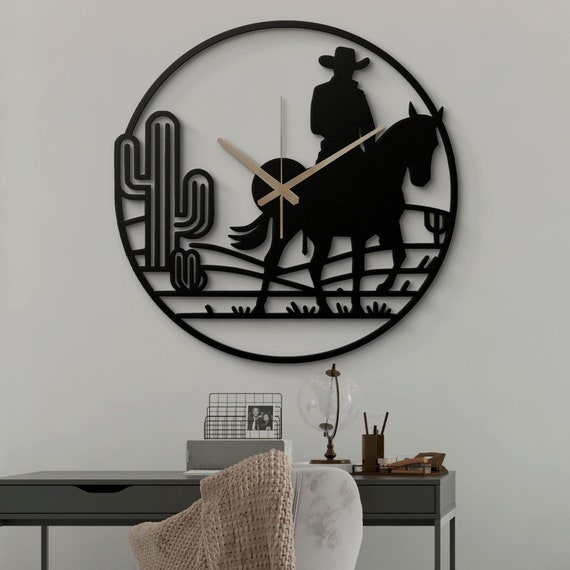 Western Cowboy Metal Wall Clock - Rustic Ranch Decor