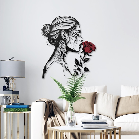 Metal Woman Face Wall Art, Red Rose Silhouette Sculpture