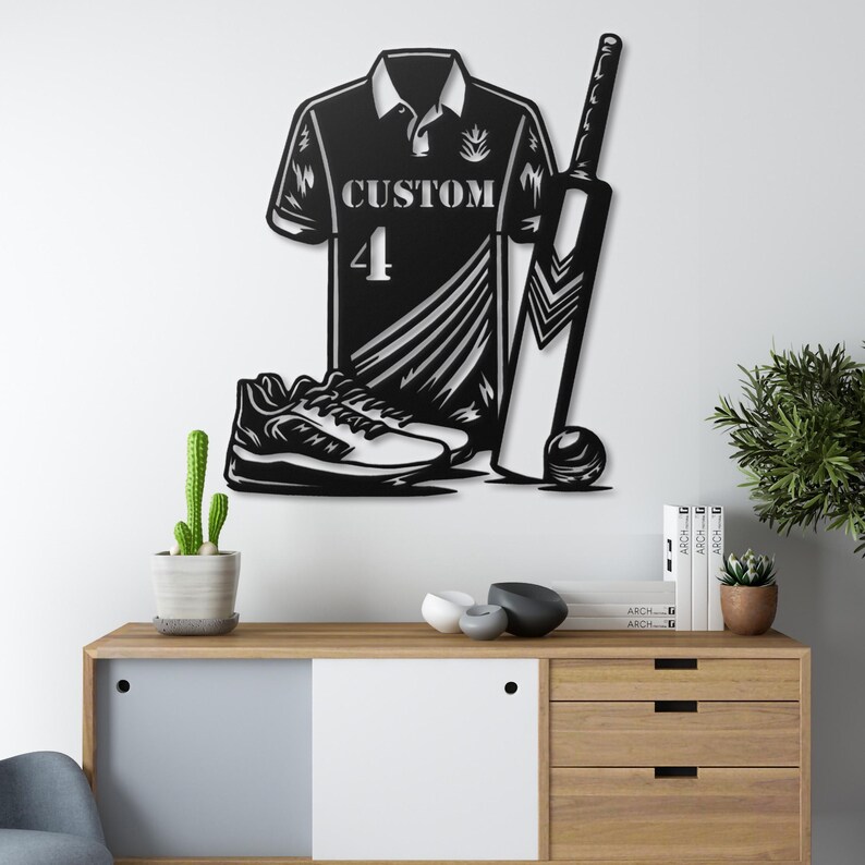 Custom Cricket Gear Metal Wall Art – Personalized Jersey, Bat & Ball - Etsy