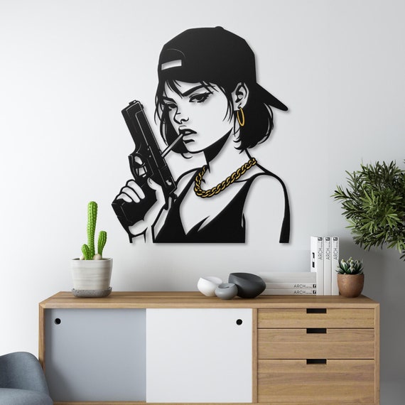 Urban Metal Wall Art | Modern Edgy Woman with Gun Design | Street Style Wall Decor | Unique Metal Wall Hanging | Cool Pop Art Home Decor