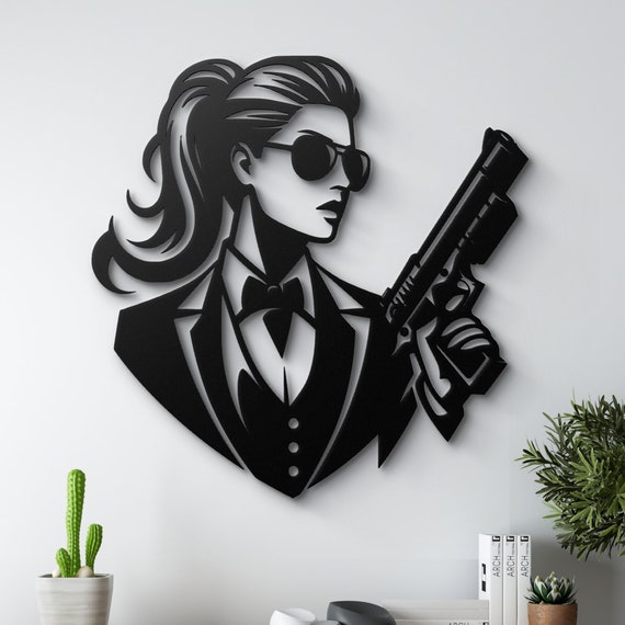 Elegant Female Assassin Metal Wall Art | Woman with Gun in Suit | Modern Home Decor | Stylish Wall Hanging | Gift for Her