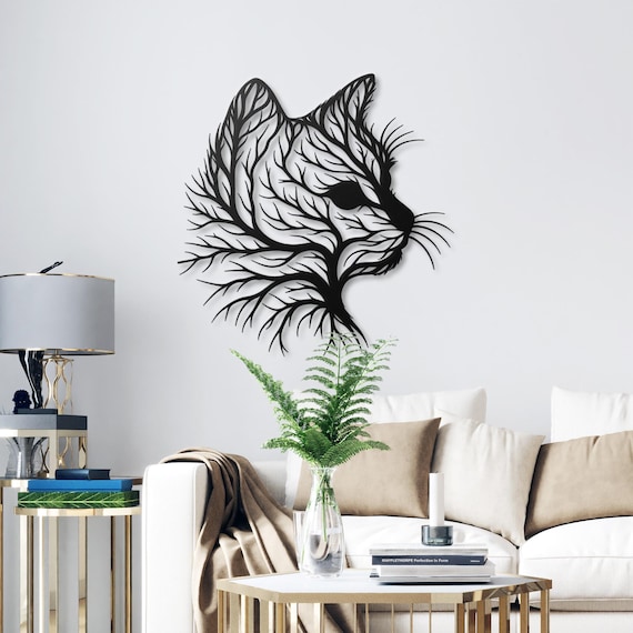 Elegant Cat Silhouette Tree Art - Metal Wall Decor, Nature-Inspired Home Decor, Unique Animal Lovers Gift,  Minimalist Wall Art