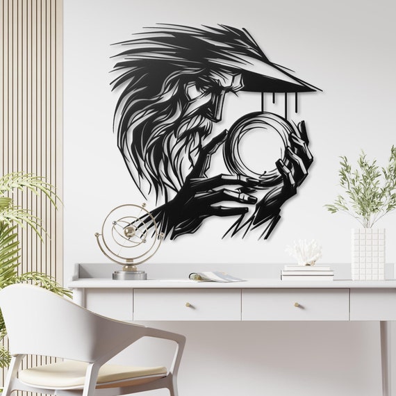 Wizard Metal Wall Art | Sorcerer with Crystal Ball Wall Decor | Fantasy Themed Metal Wall Hanging | Unique Wizard Gift | Magical Home Decor