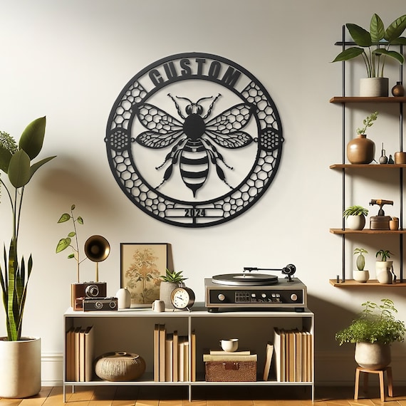 Custom Bee Metal Wall Art, Honeybee and Hives Sculpture, Personalized Apiary Decor, Unique Bee Farm Circular Artwork Beekeeper Gift