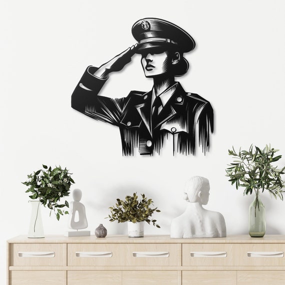 Saluting Soldier Metal Wall Art | Honoring Female Soldier Wall Decor | Military Tribute Metal Wall Hanging | Patriotic Army Art for Home