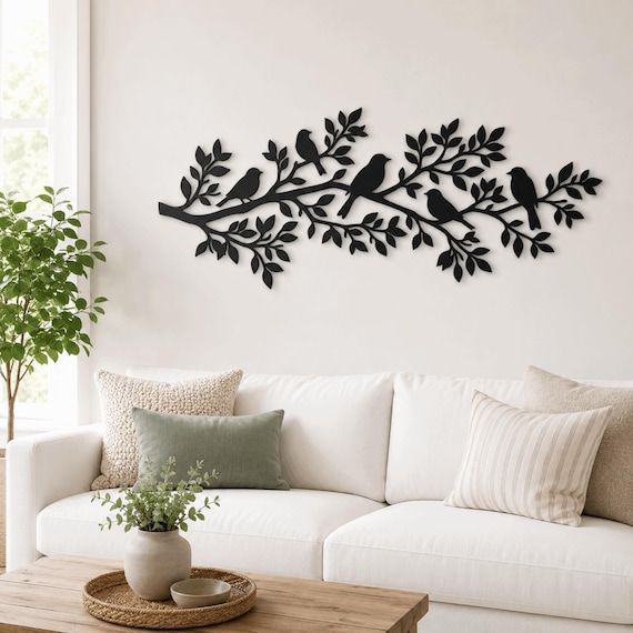 Birds on Branch Metal Wall Art Decor, Metal Bird Silhouette Sculpture Nature Inspired Living Room Wall Hanging Interior Home Decoration