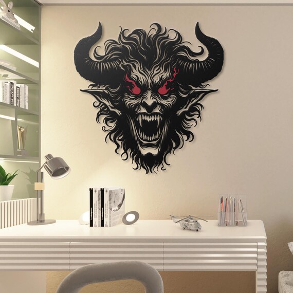 Demon Horned Metal Wall Art – Gothic Devil Wall Decor, Evil Face with Fiery Eyes, Spooky Home Accent for Dark Aesthetic Rooms