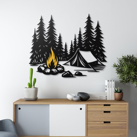 Metal Wall Art Camping Scene with Tent and Fire | Forest Campfire Decor | Unique Outdoor Adventure Wall Hanging