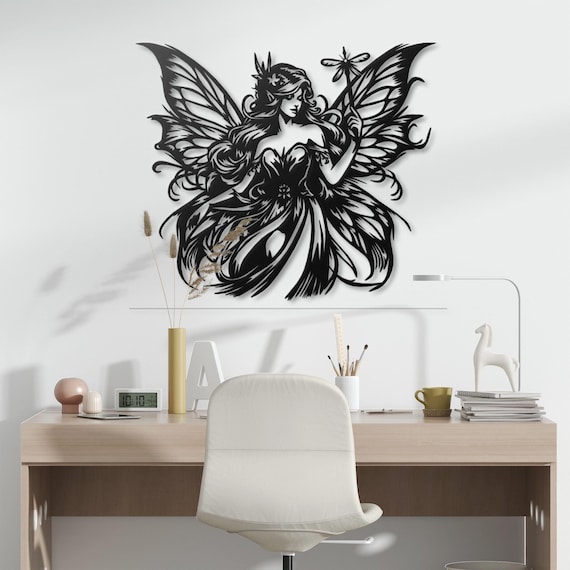Fairy Metal Wall Art Decor - Enchanted Fairy with Dragonfly, Gothic Fantasy Metal Sculpture, Whimsical Butterfly Wings Wall Decor