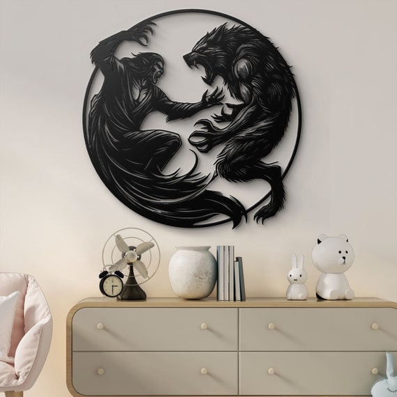 Vampire Battling Werewolf  Metal Wall Art – Intricate Gothic Home Decor – Unique Dark Fantasy Wall Hanging