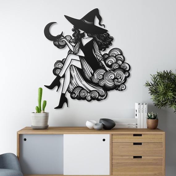 Magical Witch on Cloud Metal Wall Art | Gothic Home Decor | Moon and Stars Silhouette
