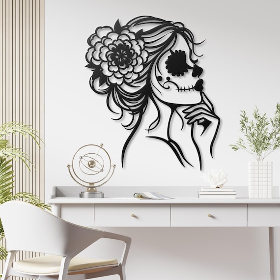 Elegant Day of the Dead Sugar Skull Woman | Metal Wall Art Decor | Boho Skull Art | Dia de los Muertos Home Wall Decor