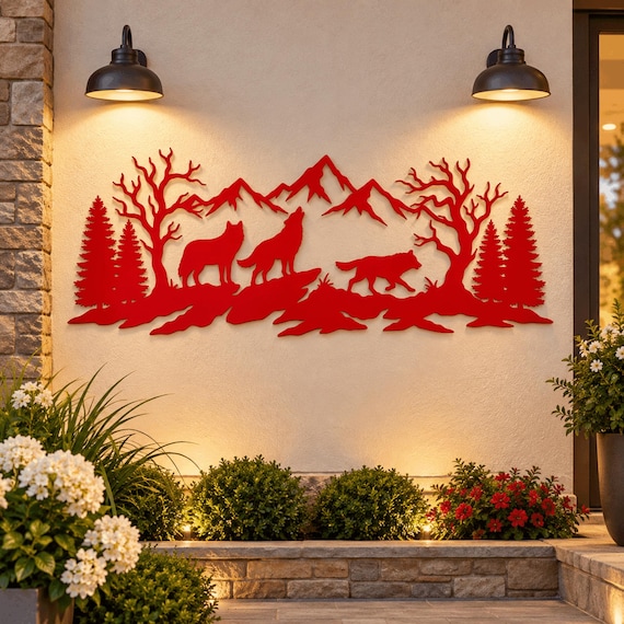 Wolf Metal Wall Art with Mountains and Forest, Rustic Cabin and Lodge Decor ,