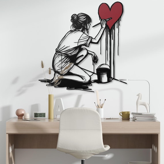 Minimalist Girl Painting Heart Metal Wall Art | Modern Home Décor | Red & Black Wall Sculpture | Unique Gift