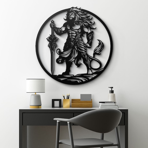 Majestic Lion Warrior Metal Wall Art - Intricate Lion King Sword Design - Home Decor, Gift for Him