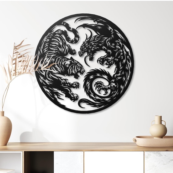 Tiger and Dragon Metal Wall Art, Round Yin Yang Decor, Japanese Spiritual Wall Hanging, Feng Shui Balance Symbol for Office Living Room Gift