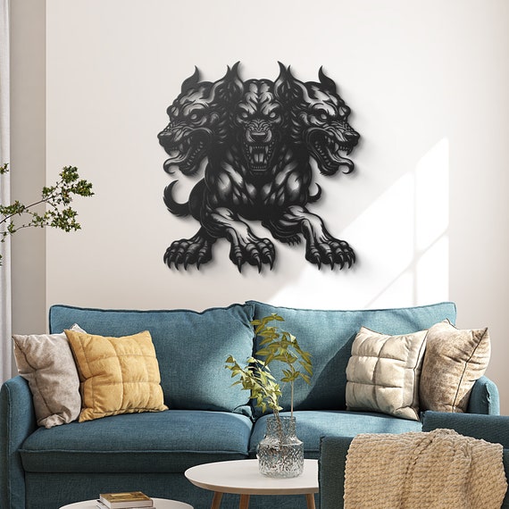 Cerberus Metal Wall Art, Three-Headed Mythical Dog Decor, Fierce Gothic Sculpture, Bold Metal Wall Hanging, Unique Fantasy Home Decor Gift