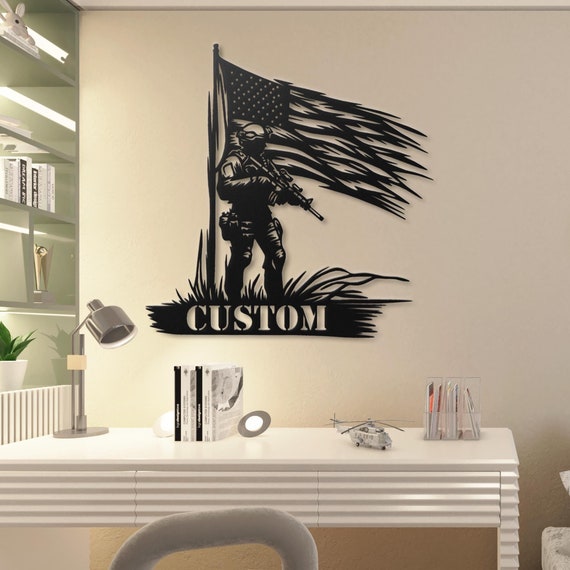 Patriotic Soldier Metal Wall Art with American Flag | Customizable Military Home Decor | Veteran Gift