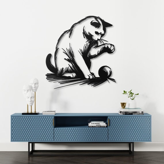 Playful Cat Metal Wall Art | Cat with Yarn Ball Wall Decor | Cute Kitten Metal Wall Hanging | Unique Cat Lover Gift