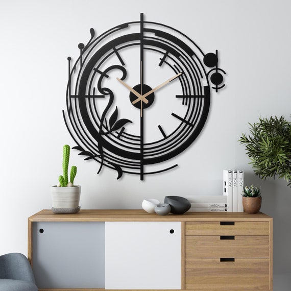 Elegant Black Metal Wall Clock - Floral Abstract Design, Modern Home Decor, Unique Wall Art for Living Room, Office, Bedroom