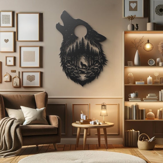Mystic Wolf Howling at Moon Metal Wall Art: Wilderness and Night Sky Silhouette Wolf Lover Gift Wolf Wall Decor