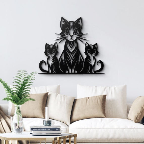 Elegant Mother Cat and Kittens Metal Wall Art - Perfect Home Decor for Cat Lovers Gift