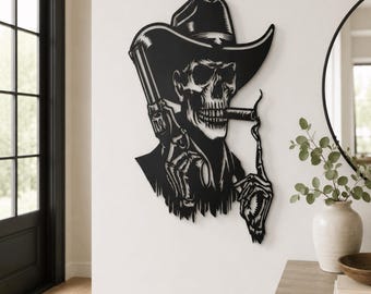 Wanddeko „Skelettierter Cowboy“ aus Metall, gotisches Western-Outlaw-Dekor