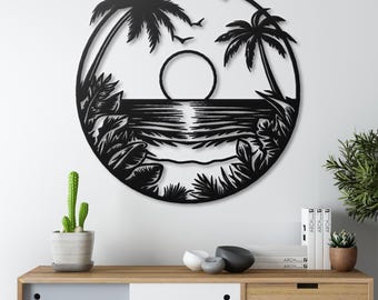 Tropical Sunset Metal Wall Art Palm Tree Beach Wall Decor, Coastal Wall Decor