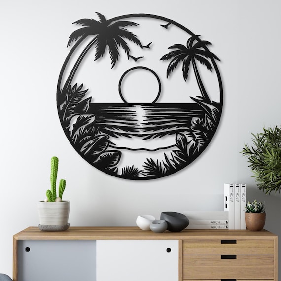 Tropical Sunset Metal Wall Art: Palm Tree Beach Decor, Coastal Accent