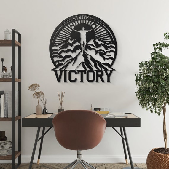 Motivational Metal Wall Art: STRIVE FOR VICTORY with Strong Man and Mountain Design