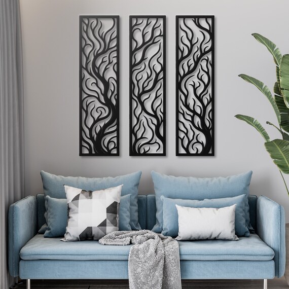 Modern Metal Wall Art Panels - Abstract Tree Design, Set of 3 - Contemporary Home Decor