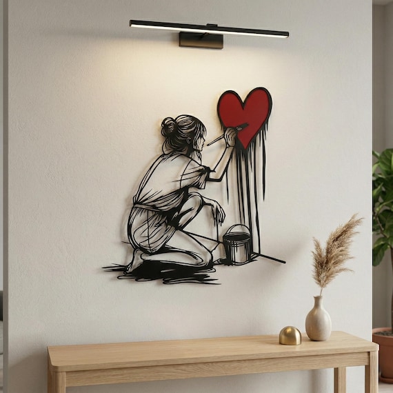 Minimalist Girl Painting Heart Metal Wall Art | Modern Home Decor