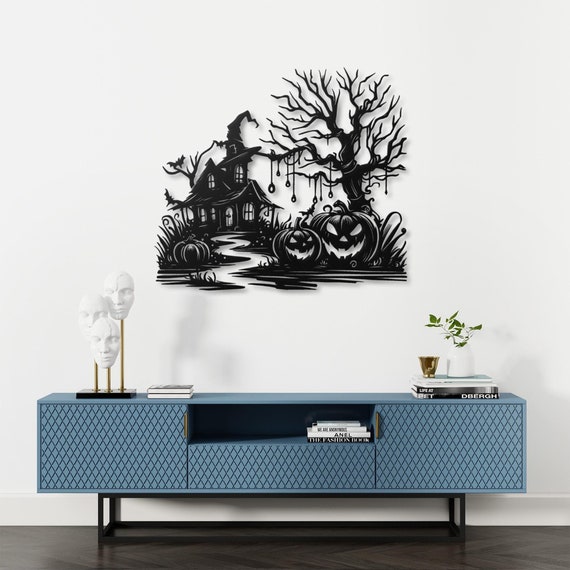 Halloween Haunted House with Bats & Pumpkins - Metal Wall Art for Spooky Decor