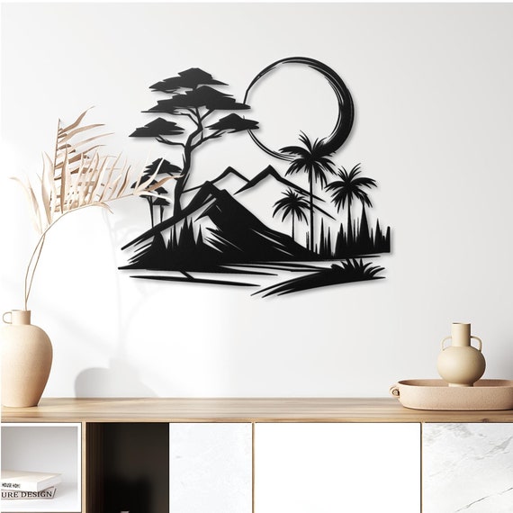 Mountain and Moon Metal Wall Art – Nature-Inspired Home Decor with Forest and Palm Tree Design, Rustic Outdoor Landscape Wall Accent