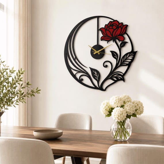 Floral Metal Wall Clock Decor, Rose Flower Wall Art, Modern Botanical Clock for Living Room, Fireplace Mantel, Bedroom Home Gift