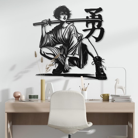 Samurai Woman Metal Wall Art with Japanese Kanji Symbol, Warrior Aesthetic Decor, Unique Katana Art Piece for Home or Office