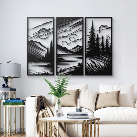 Set Of 3 Black and White Landscape Wall Art - Stunning Mountain, Forest, and Lake Scenery for Modern Home Decor