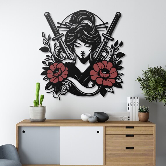 Geisha With Double Katana Metal Wall Art Geisha Girl Art Geisha Wall Art