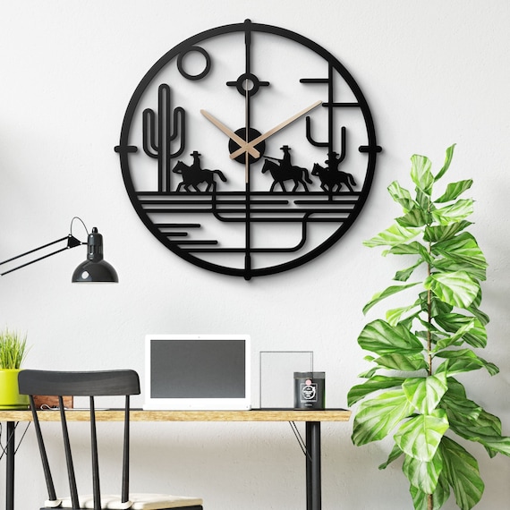 Western Cowboy Caravan Metal Wall Clock - Rustic Desert Decor