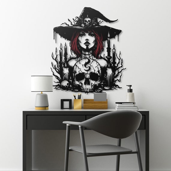 Gothic Metal Wall Art with Red Hair Accent | Witchy Skull Art for Halloween Décor