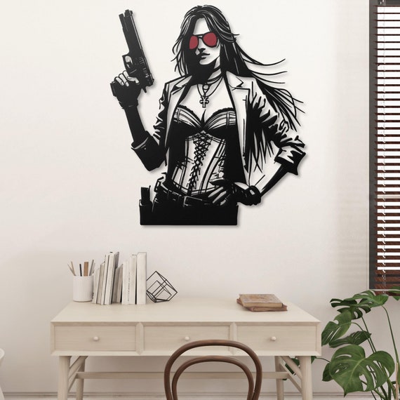 Woman with Gun Metal Wall Art - Unique  Metal Art Decor - Modern Gothic Wall Sculpture"